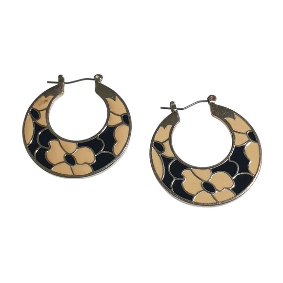 Floral Enamel Hoop Earrings Tan Black Silver Tone Vintage Retro Jewelry - Picture 5 of 5